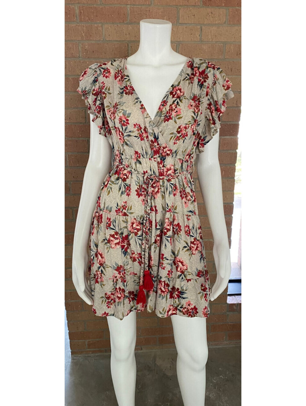 Womens ANGIE FLORAL DRESS TASSEL BELT Elastic Waist RUFFLES Wrap Front SMALL NWT